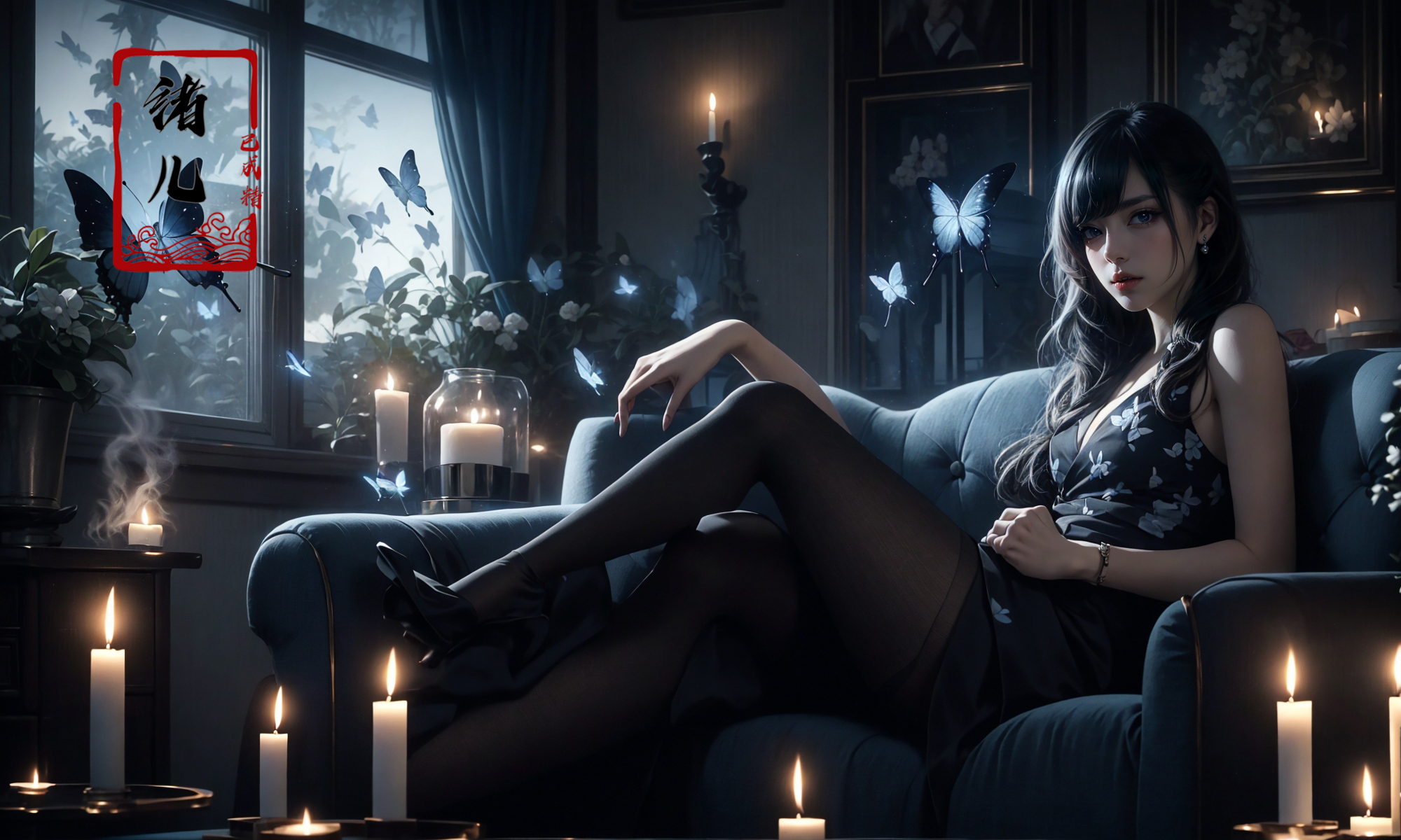 606247209521969388-1836389993-with a girl on a sofa surrounded by candles,_matte photo, dark gray and blue, dream-like atmosphere，butterfly，_Black transparent.jpg